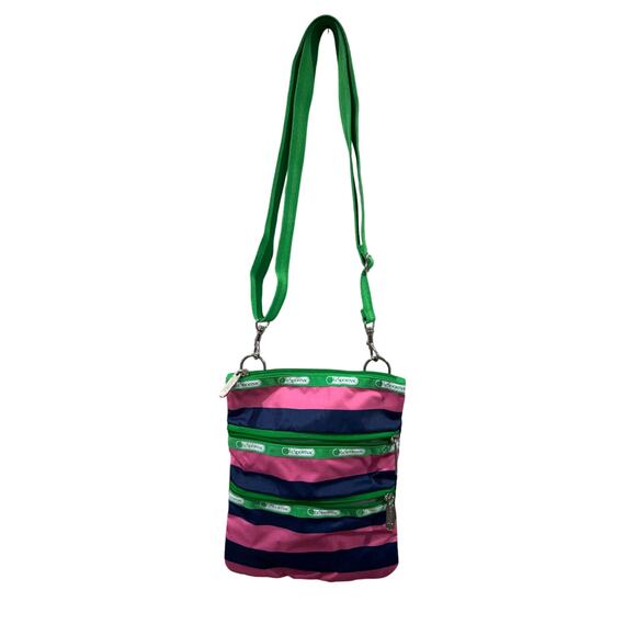 LeSportsac Kasey Rugby Stripe Pink Navy Green  Nylon Crossbody - Picture 1 of 5